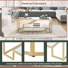 Urtr Modern 45 In Gold Rectangle Tempered Glass Coffee Table 2 Tier Sofa Cocktail Tables For Living Room Office