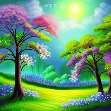 Cheerful Realistic Fantasy Spring Landscape Painting · Creative Fabrica