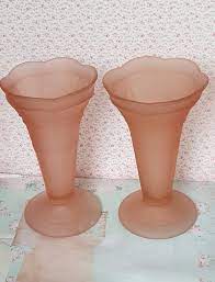 Sowerby Art Deco Pink Glass Vases Tall