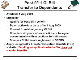 Post 9 11 Gi Bill Eligibility Benefit Payments Transfer To