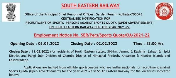 South Eastern Railway Recruitment 2022 Out – Apply Online 21 Sports quota Jobs