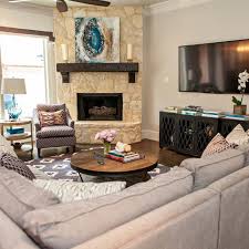 neutral rustic living room with off