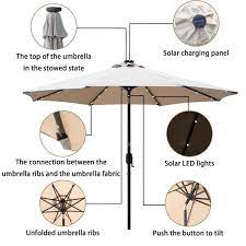 Kadehome 9 Ft Outdoor Beach Umbrella Led Solar Patio Umbrella With Tilt And Crank Without Base In Sand