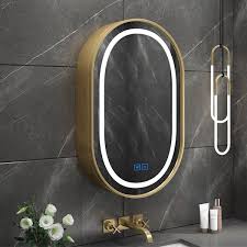 Oval Led Lighted Medicine Cabinet Wall Mounted Bathroom Vanity Mirror Defog With Storage
