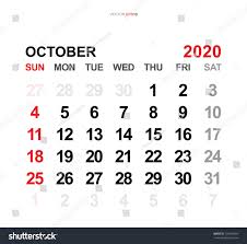 October 2020 Vector Monthly Calendar Template Stock Vector