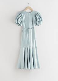 Dry low imported plus size dress size + fit model is 5'9, size 1 size 2 measures 48 from shoulder Other Stories Crepe Puff Sleeve Midi Dress In Metallic Ufo No More