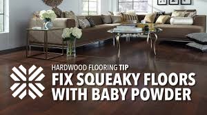 fix squeaky floors with baby powder