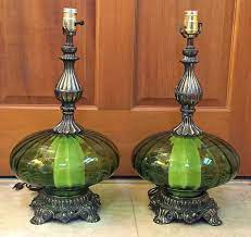 Pair Of Mid Century Green Glass Lamps