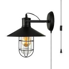 Vintage Cone Shape Sconce Light With Wire Frame 1 Light Metal Plug In Light Fixture In Black For Stair Beautifulhalo Com