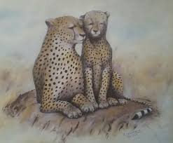 cheetah mother and cub oil painting on