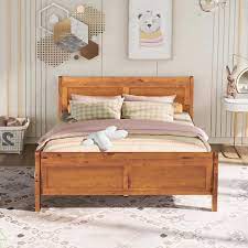 Oak Light Brown Wood Frame Queen Size Platform Bed With Headboard Foot Board Wood Slat Support