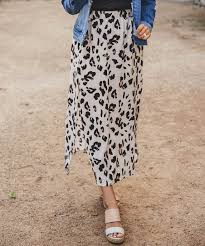 Tickled Teal Cream Leopard Side Slit Maxi Skirt Women
