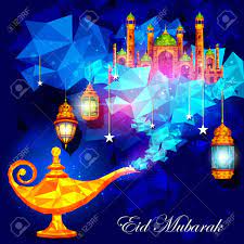 イード ムバラク祝福の Eid の背景の Ginie ランプとモスクのベクトル イラストのイラスト素材・ベクター Image 58707659