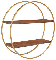 sequoia wood and metal round wall shelf