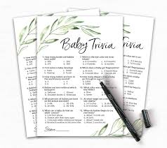 Jan 08, 2021 · you can try these trivia questions about babies at your baby shower. Buy Greenery Baby Shower Game Baby Trivia Games Pack Of 25 Fun Baby Facts Games Floral Green Olive Branch Trivia Baby Shower Activity Greenery Rustic Gender Neutral Baby Shower