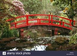 Red Japanese Style Bridge Over Stream
