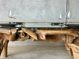 Teak Root Dining Table With Glass