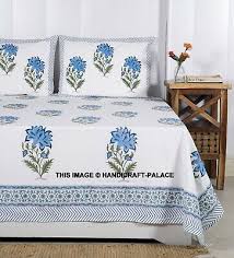indian hand block blue flower print bed