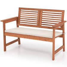 Gymax Wood Outdoor Bench With Cushion 2
