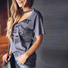 High Quality Print Tops T Shirts Womens Short Sleeve Choker V Neck Stylish Girls Clothes Camiseta Feminina