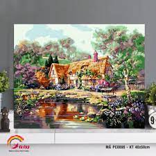 Tranh tô màu theo số sơn dầu số hóa Gam Tranh phong cảnh ngôi nhà mùa xuân  mã PC0895