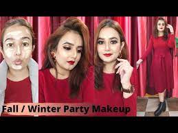 fall winter party makeup red dress