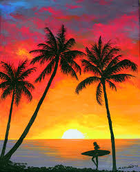 Nature, sky, sun, clouds, landscape, sunset, horizon, sunrise. Tropical Sunset Surfer Painting By Amy Scholten