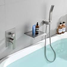 Wellfor Waterfall Spout Single Handle Tub Wall Mount Roman Tub Faucet With Hand Shower In Brushed Nickel 88021bn