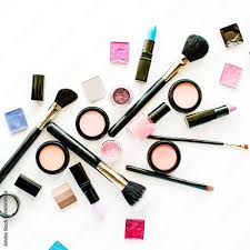flat lay female cosmetics collage with