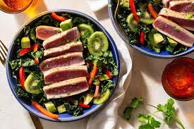 seared tuna with kiwi avocado salad and