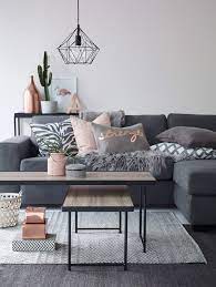 modern living room in grey with copper