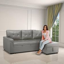 Naomi Home Jenny Tufted Sectional Sofa Sleeper With Storage Chaise Color Gray Fabric Air Leather