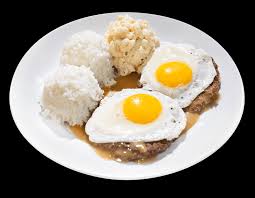 loco moco two eggs sunny side up on two hamburger patties smothered in gravy with