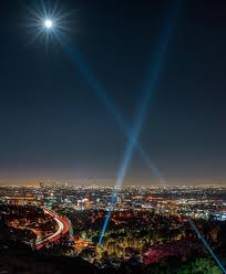 Spotlights Over Hollywood City Lights At Night City