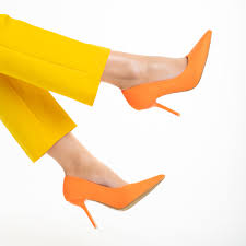 Pantofi dama portocalii din material textil cu toc Emelda - Kalapod