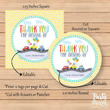 So i came up with some printable thank you tags. Driving Parade Driving By Favor Tags E500 Partymazing