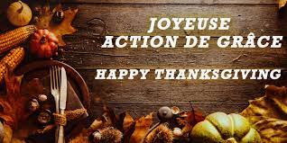 Happy Thanksgiving and Joyeuse Action de Grace in white font on brown background with a left and bottom border of autumn squash and corn.