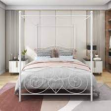 Queen Size White Canopy Metal Bed Frame