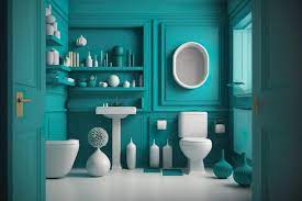A Bathroom With A Turquoise Wall And A