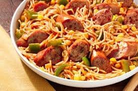 fideos with pan grilled smoked sausage