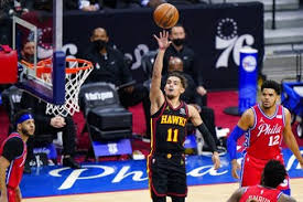 Trae young of the atlanta hawks reacts during the second quarter against the philadelphia 76ers during photo by tim. Ij3zldc05botrm