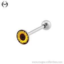 Steel Barbell Tongue Piercing In Sunflower Design