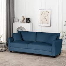 kinwell 85 in wide round arm polyester mid century modern straight 4 seater sofa with pillows in blue
