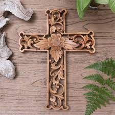 Hand Carved Wood Fl Wall Cross From