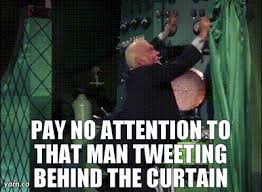 man tweeting behind the curtain