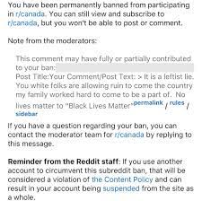 That did not take long. RCanada bans me for opinion on BLM (I am a black  woman, who posts her porn on Reddit—you'd think they'd like me). :  rmetacanada