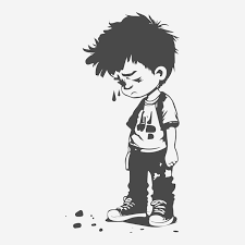 a cartoon drawing of a sad boy with a