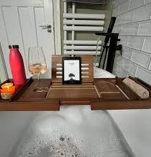 Bath Tray Caddy With Wine Glass Holder