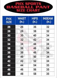 Baseball Pant Size Chart Phx Sports Apparel