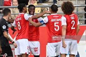 Reims' players celebrate after scoring a goal during the French L1...  Nachrichtenfoto - Getty Images